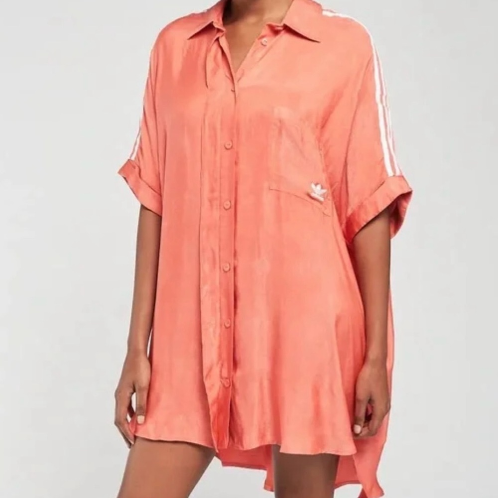 NWT ADIDAS SATIN MINI SHIRT DRESS. Size Small but is over size, can fit a M/L - Picture 1 of 7
